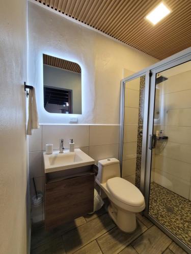 a bathroom with a toilet and a sink and a shower at Estación 1501 - Casco histórico I in Juticalpa