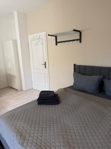 a bedroom with a large bed with a white door at SchaeBu! 7 Apartment Work and Travel am Altmarkt in Cottbus