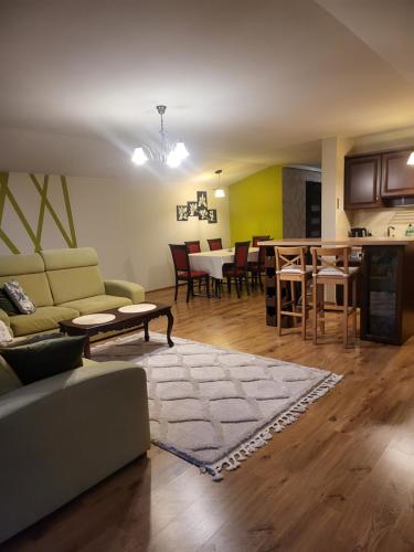 a living room and kitchen with a couch and a table at Apartament Kleopatra in Limanowa