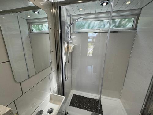 a bathroom with a shower with a sink and a mirror at 2 Bed in Caswell Bay oc-hh379 in Newton