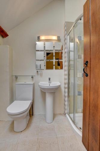 a bathroom with a toilet and a sink and a shower at 2 Bed in Tiverton oc-cide in Bampton