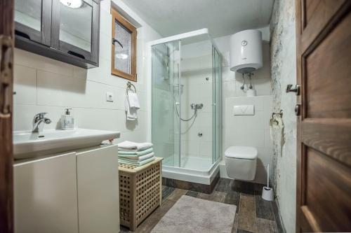 a bathroom with a shower and a toilet and a sink at Apartments Villa Kras Krk in Malinska