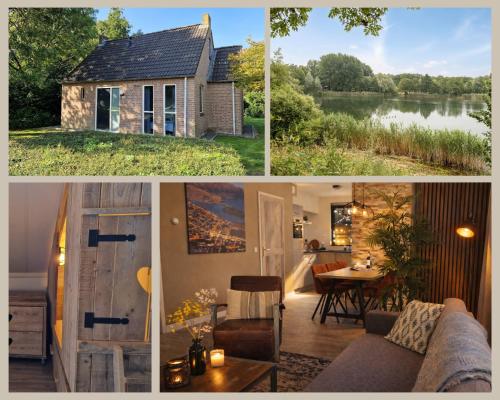 a collage of pictures of a home and a house at Gezellig 6pers Familiehuis grote tuin met BBQ aan meer Gelderland in Ewijk