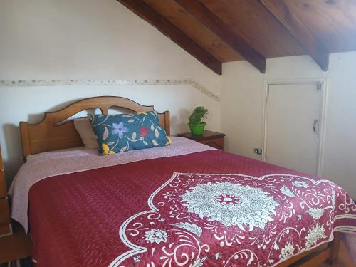 a bedroom with a bed with a red comforter at Maldito Pez Bed & Breakfast in Valparaíso
