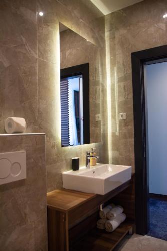 a bathroom with a sink and a mirror at Olivia Rooms in Belgrade