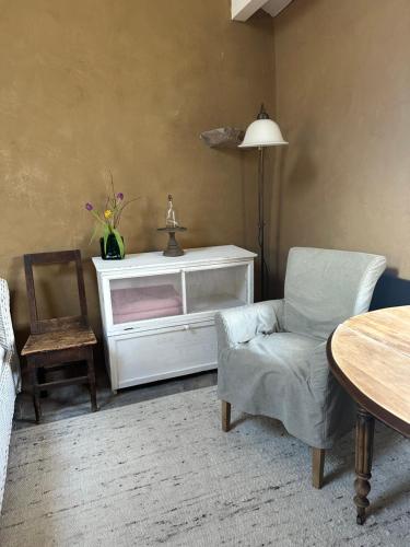 Tiny House La Tourelle في La Rosière: غرفة معيشة بها كرسي وخزانة ملابس