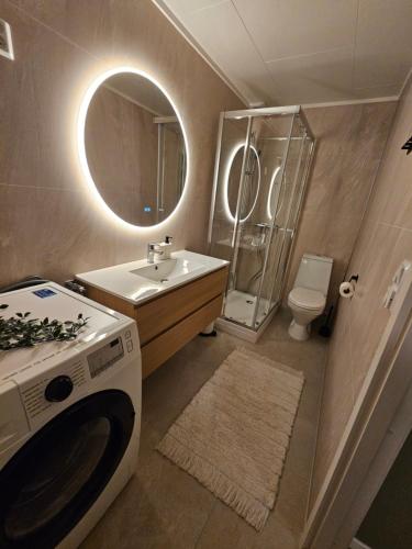 a bathroom with a washer and a sink and a toilet at Cozy House in Tromsø - Near City Center, Ideal for Families & Groups in Tromsø