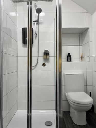 a bathroom with a shower and a toilet at The Rhu Inn in Rhu