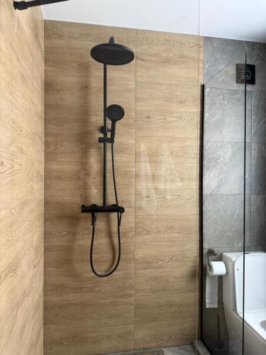 a shower with a shower head in a bathroom at Fangorn in Lazeshchyna