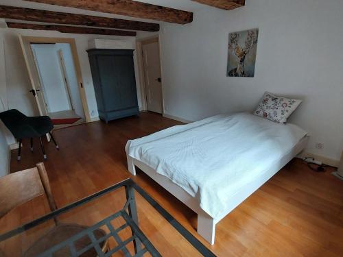 a bedroom with a white bed in a room with wooden floors at Apartment Giselas Ruheplatz by Interhome in Liesberg