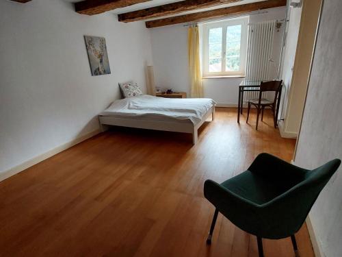 a bedroom with a bed and a chair in it at Apartment Giselas Ruheplatz by Interhome in Liesberg