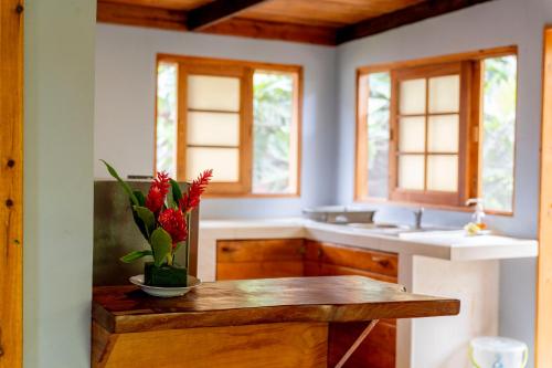 a kitchen with a table with a potted plant on it at Moorea Maatea Tahatai Lodge in Moorea