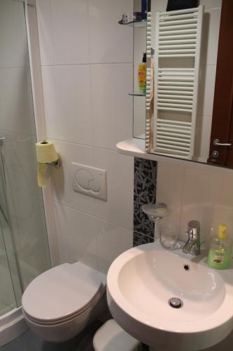 a white bathroom with a toilet and a sink at Apartment Felicia in Portorož