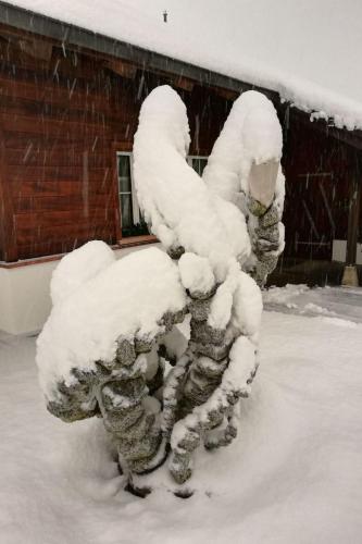 a statue covered in snow in front of a building at Apartment Steinideen by Interhome in Meiringen