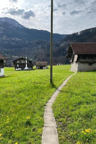a path in the middle of a field with houses at Apartment Lungern by Interhome in Lungern