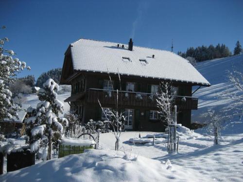 a log cabin in the snow with snow covered trees at Apartment Gmünde by Interhome in Schüpfheim