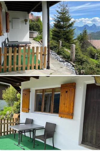 two pictures of a house with a table and a fence at Apartment Chalet Hörler direkt im Ski- und Wandergebiet by Interhome in Emmetten
