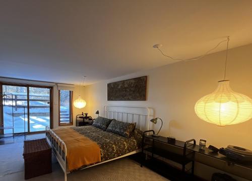 a bedroom with a bed and a large window at Le Domek de nature apaisante in Sainte Béatrix