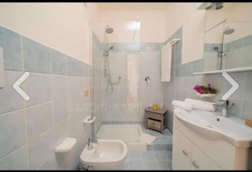 a bathroom with a shower and a toilet and a sink at Villa Sunny Side - Panoramic View in Costa Paradiso