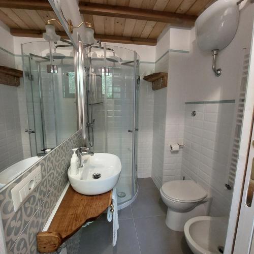 a bathroom with a sink and a shower and a toilet at Orto delle Fate in Marta
