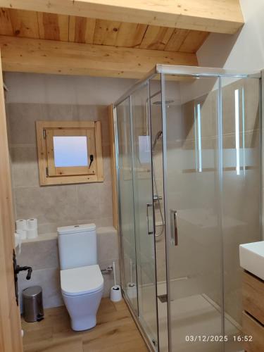 a bathroom with a toilet and a glass shower at Cal RAFELÓ in Queralbs