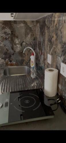 a kitchen counter with a stove and a roll of paper towels at Lupo in Budva