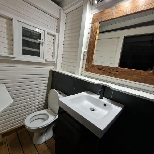 a bathroom with a white toilet and a sink at Domaine du Val in Vieux-Habitants