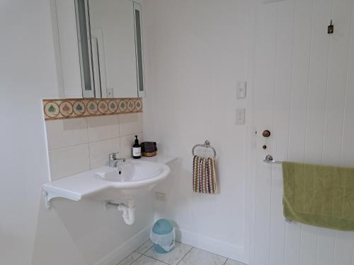 a white bathroom with a sink and a mirror at Golden Hills Farm Cottage with Swimming Pool in Nelson