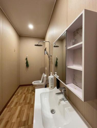 a bathroom with a sink and a toilet at Melalueca tây ninh in Tây Ninh