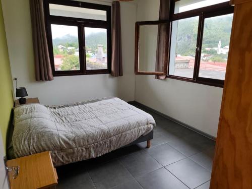 a bedroom with a bed and two windows at La villa Madelon in Cilaos