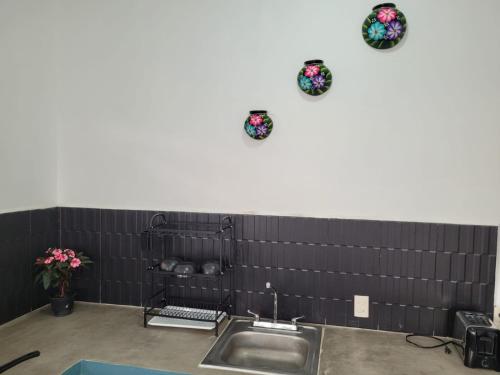 a kitchen with a sink and two plates on the wall at Refugio del Mar in Puerto Escondido