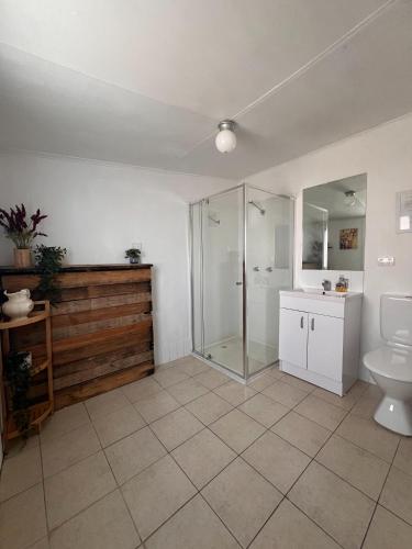 a bathroom with a shower and a sink and a toilet at Mulla Villa Farm cottage 1 in Wollombi