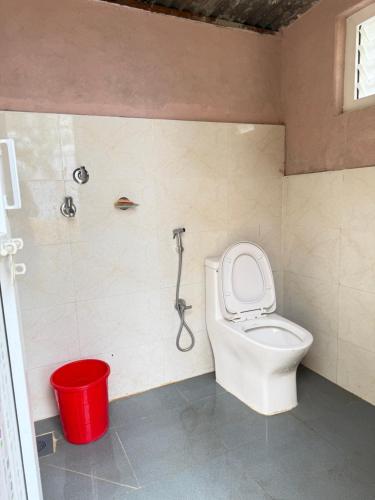 a bathroom with a toilet and a red bucket at Begnas horizon in Pokhara