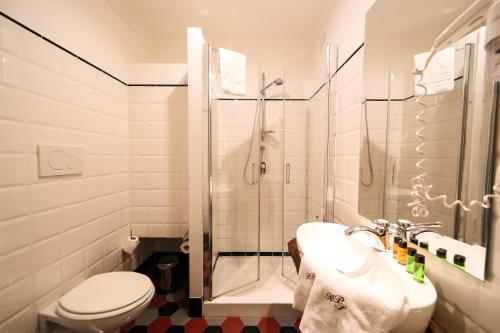 a bathroom with a shower and a toilet and a sink at Decumani Hotel De Charme in Naples