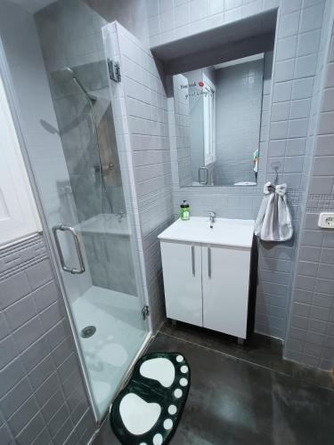 a bathroom with a shower and a sink and a toilet at Frente Mar in L'Escala