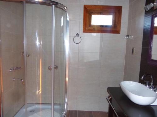 une salle de bain avec douche et lavabo dans l'établissement Cabaña El Tigre, à Tandil