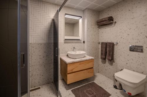 a bathroom with a sink and a shower and a toilet at Moon Shine Apart in Altınkum