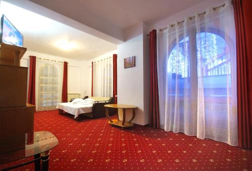 ein Hotelzimmer mit einem Bett und einem Fenster in der Unterkunft Vila Teleconstructia in Slănic-Moldova