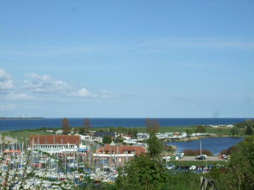 a view of a harbor with boats in the water at Ferienwohnung Hyggebo in Langballig