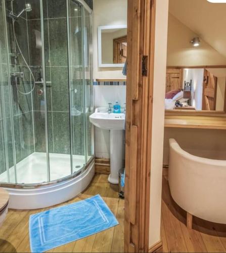 a bathroom with a shower and a sink at Old Well Cottage Barn Conversion in Penrith