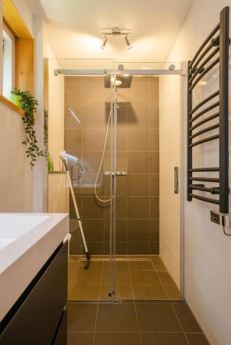 a shower with a glass door in a bathroom at Chalet Citola in Nuenen