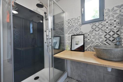 a bathroom with a sink and a shower at La Champtocette de la Loire in Champtoceaux