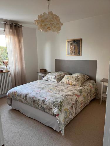 a bedroom with a bed and a chandelier at La Douce Angevine in Angers