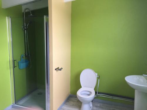 a bathroom with a toilet and a sink at Gîtes La Simonière & Cars in Saint-François