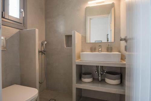 a bathroom with a sink and a toilet and a mirror at Seaview Villa Euterpe in Ambelas