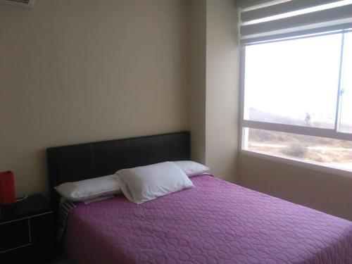 a bedroom with a bed with a purple comforter and a window at Ocean View in Playas
