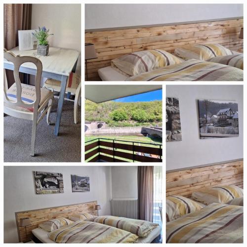 a collage of pictures of a room with beds and a table at Bed&Breakfast Eifelpension Brückenschenke in Fuchshofen