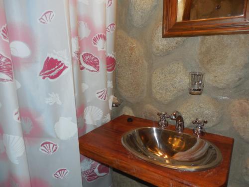 baño con lavabo y cortina de ducha en La moradita cabañas en Nono