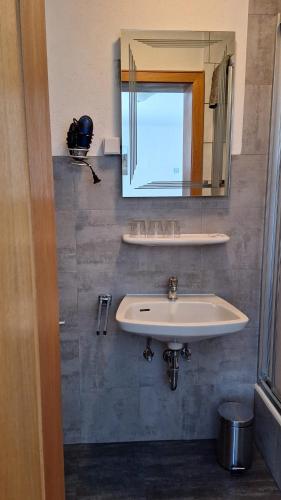 a bathroom with a sink and a mirror at Bed&Breakfast Eifelpension Brückenschenke in Fuchshofen