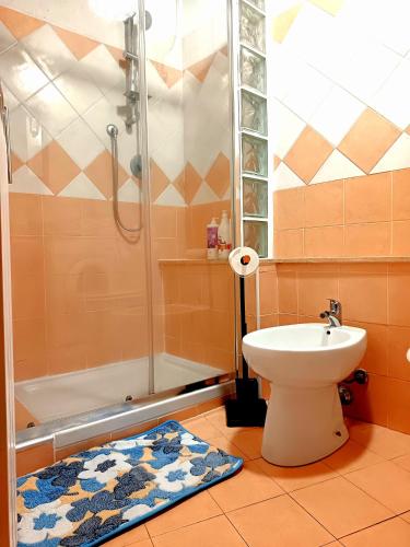a bathroom with a toilet and a shower and a rug at La casetta di nonna Sesa in Viterbo
